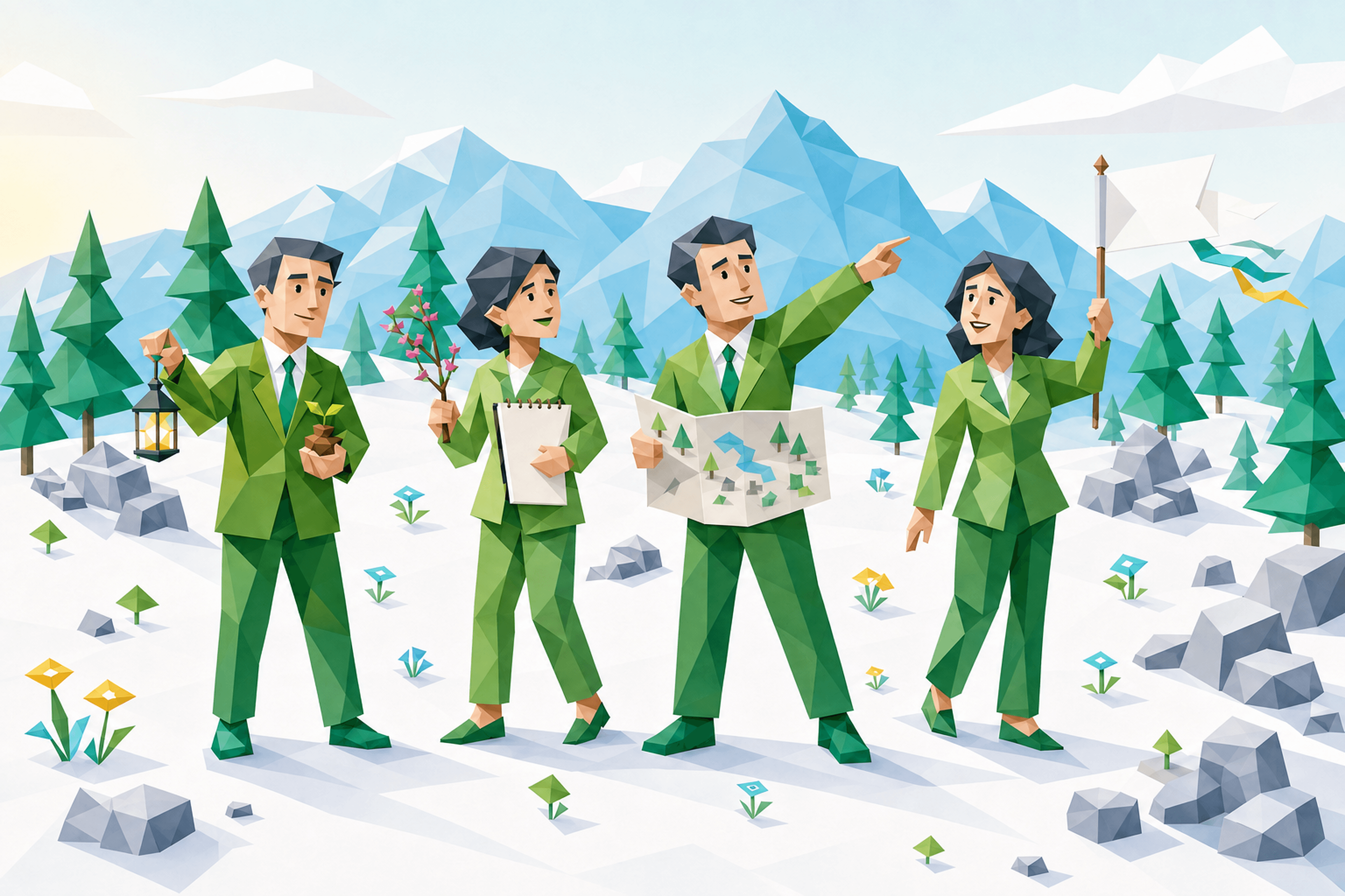 外交家四种人格在雪山营地探索的低多边形插画