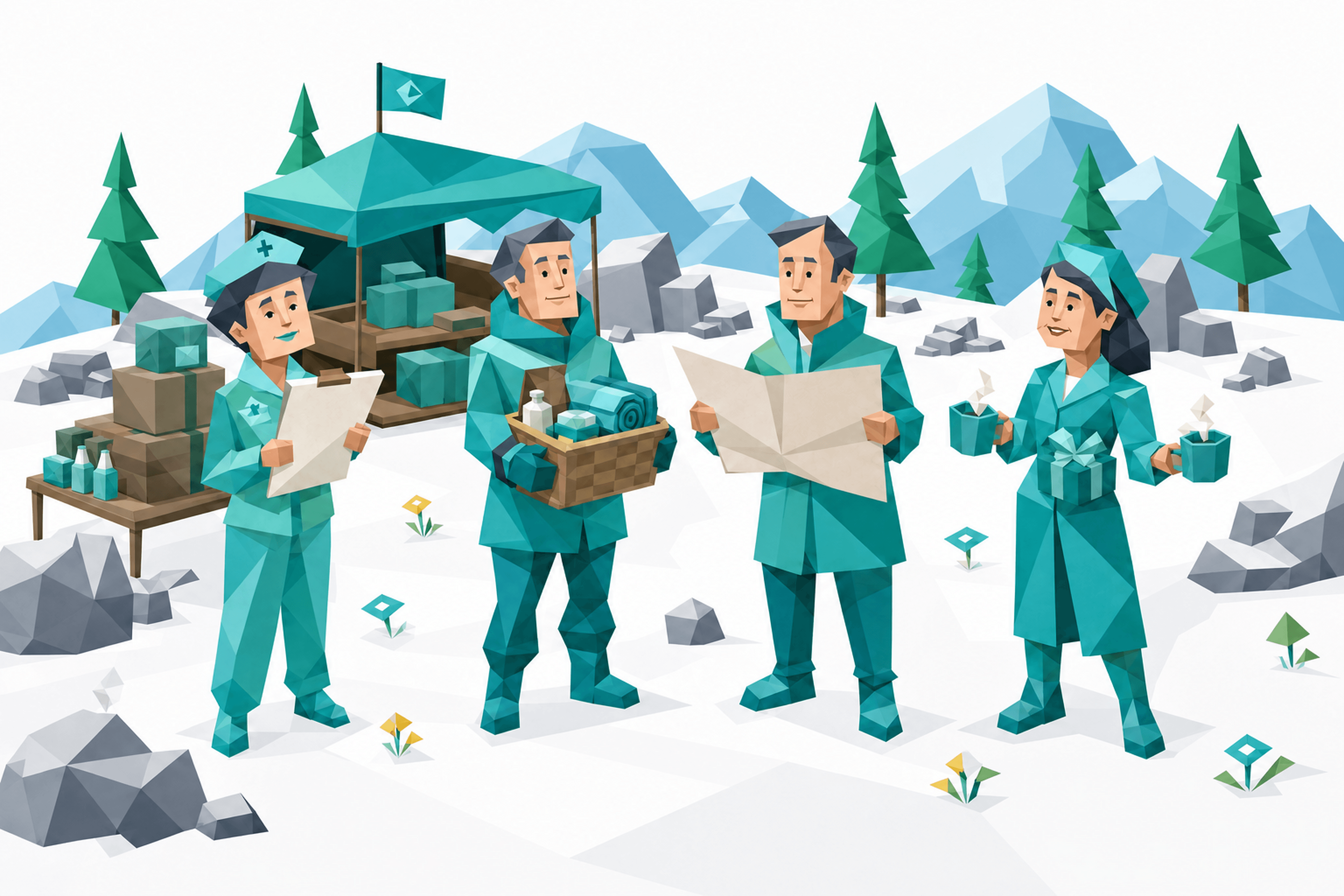 守护者四种人格在雪山营地探索的低多边形插画