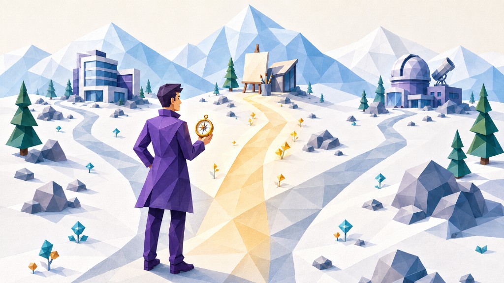 旅人站在雪山三岔路口，手持金色罗盘，面对职场、创作与科研三条道路
