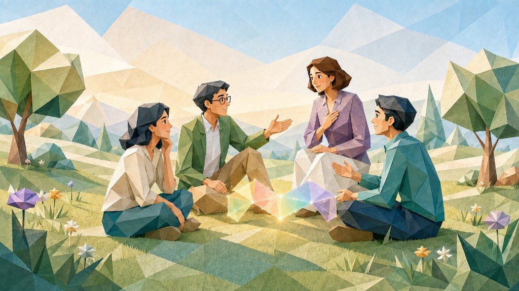 四个人围坐草地，围绕发光的人格连结结构倾谈交流